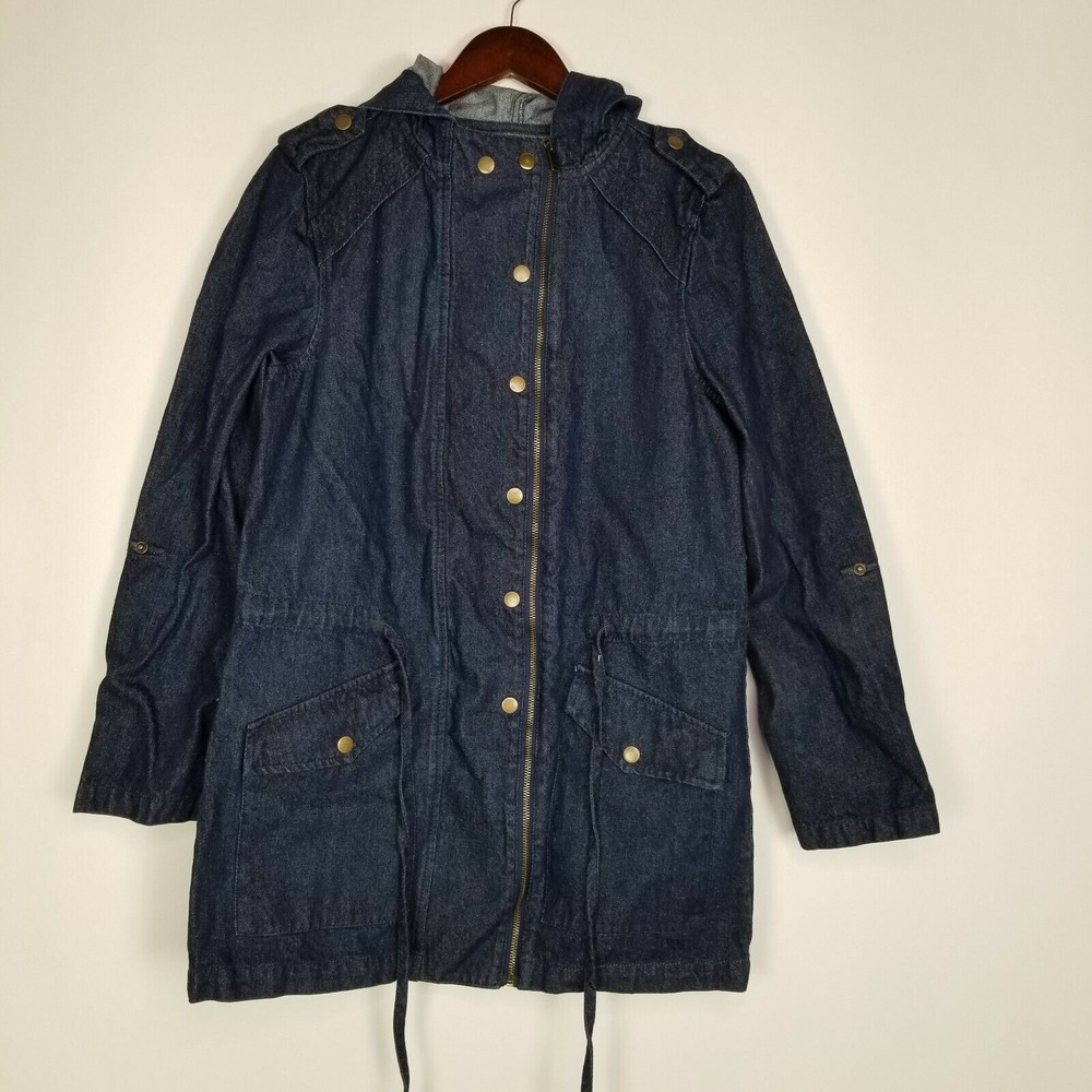 Angie Jean Jacket Size S Blue Denim Hooded Drawstring Waist Vintage Inspired New